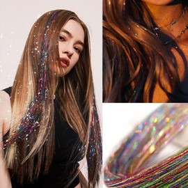 YDDM Pack of 12 Clip-In Hair Tinsel Colourful Hair Strands Children's Hair Strands for Clip-on Glitter Tinsel Hair Extension Colourful Hair Strands for Braiding Party Dazzle Hair Accessories for Women