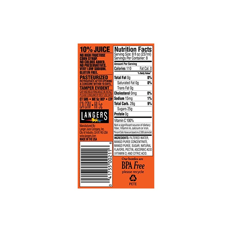 Langers Juice Cocktail, Mongo Mango, 64 Fl Oz (Pack of