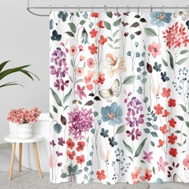 MAYZUS Long Shower Curtain 72 x 78 Inch, Tall Colorful Floral Shower Curtain for Bathroom, Watercolor Flower Butterfly Fabric Shower Curtain Set with Hooks