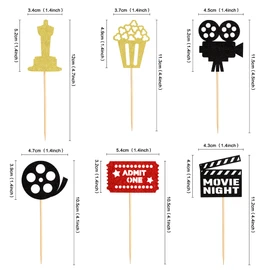Ercadio Paquete de 36 adornos para cupcakes con purpurina para películas, para la noche, para hacer palomitas de maíz, decoración de pasteles de fiesta de cumpleaños