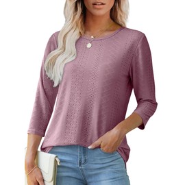 OFEEFAN Womens Tops 3/4 Sleeve Round Neck Eyelet Embroidery Loose Fit Summer Tunic Tops Dusty Pink XL