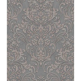 CONCORD WALLCOVERINGS ™ Sample for Display Purpose only Damask Textured Wallpaper Featuring Ornamental Design, Pink Rose Grey Silver Grey Copper, 7 in x 10 in; 32604