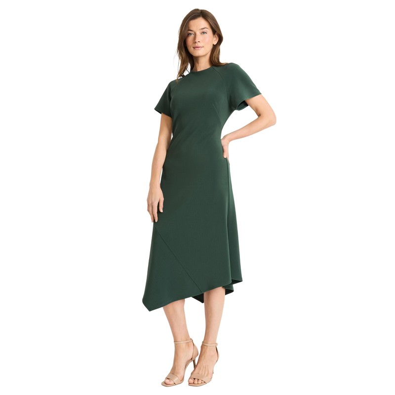 Maggy London Women's Elegant Midi Asymmetrical Hemline-Short Sleeve Fitted Bodice-Versatile
