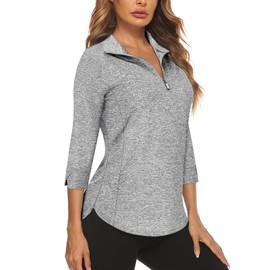 Cucuchy Style Women's Golf Shirts 3/4 Sleeve,Quarter Zip Pullover Ladies Workout Shirts Moisture Wicking Performance Cool Quick Dry Sweat-Wicking Sport Running Tops Solid Grey M