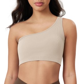 ODODOS Seamless One Shoulder Sports Bra for Women Ribbed Asymmetrical Non Padded Yoga Crop Tank Tops, Cloud Cream, Medium