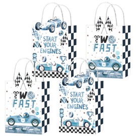 Two Fast Favor Bags Racing Car 2nd Birthday Party Supplies 12Pcs Race Car Party Treat Bags with Handles Blue Racing Car Candy Goodie Bags for Start Your Engines Baby Shower Supplies