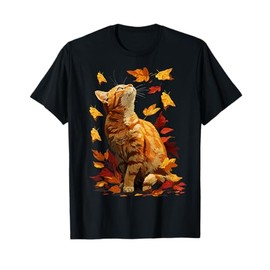 Colorful Tabby Cat with Fall Leaves Forest Autumn Aesthetic T-Shirt