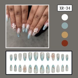 24Pcs Summer Press on Nails Medium Almond Fake Nails Blue Gradient False Nails with Pearl Flower Design Full Cover Glitter Artificial Nails Cute Goldfish Stick on Nails Summer Glue on Nails for Women