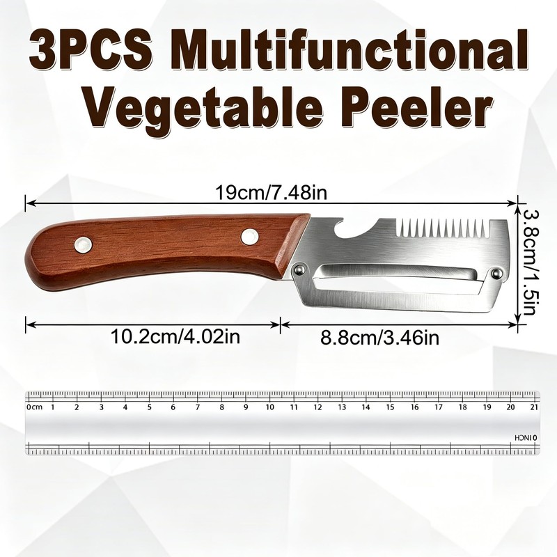 Vegetable Peeler with Wooden Handle, 3-in-1 Stainless Steel Julienne Peelers