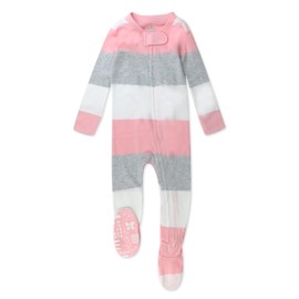 HonestBaby Non-Slip Footed Pajamas One-Piece Sleeper Zip-Front Pjs 100% Organic Cotton for Baby Girls, Jumbo Stripe Petal Pink, 12 Months