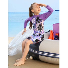 HUAANIUE Girls UPF 50+ UV One Piece Swimwear Kids Bodysuit Beachwear with Ziper Surfing Pink Swimming Children Bathing Costume 4-11 Years(PurpleTree,128/134)