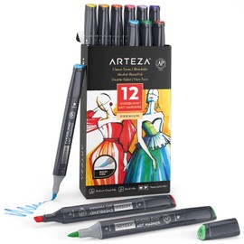 ARTEZA Alcohol Markers Set of 12 Classic Colors, EverBlend Dual-Tip Markers for Adult Coloring - Medium Chisel and Brush Nib
