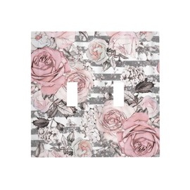 Pink Gray Floral Flower Rose Rustic Leaves 2 Gang Toggle Light Switch Cover Decorative Double Wall Plate Electrical Switchplate Size 5 x 4.9 In Faceplate for Bathroom Home Room Decor