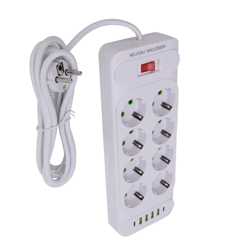 8 Way Power Strip USB C European Socket Desk Wall