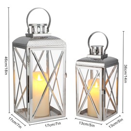 TRIROCKS Stainless Steel Lantern 18'' & 14" H Set of 2-Square Elegance Metal Candle Lanterns Candle Holder with Tempered Glass for Home Garden Indoor Outdoor Decor Celebratory