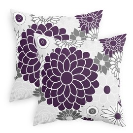 CaliTime Throw Pillow Cases Pack of 2 Cozy Fleece Blooming Dahlia Floral Flowers Decorative Cushion Covers for Couch Bed Sofa Farmhouse Decoration 18 X 18 Inches Deep Purple Grey