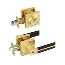 EHOMEWARE 4 Pack Gold Door Knobs With Lock and Keys, Entry Handle With Black Leather, Heavy Duty Entrance Lever for Bedroom Living Room, Reversible for Right or Left Handed Doors