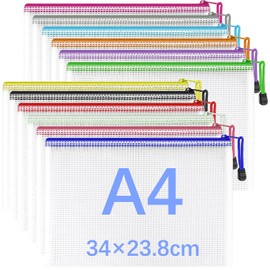 GESDYO 12 Pcs A4 Plastic Zip Wallets Clear Plastic Wallets Mesh Bag with Zip for Documents Suitable for School, Office, Travel, Home, All Kinds of Document Storage