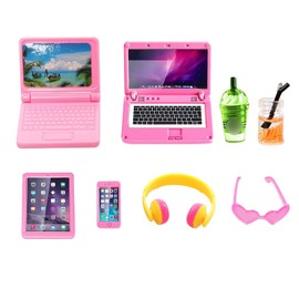 ENOCHT 9 Pack Small Size Laptop Computer Tablet Phone Pad Glasses and Headset Doll Playset Simulation Accessories for 11.5 Inch Doll (Pink)