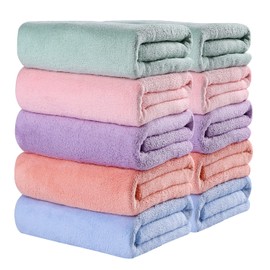 Oseamaid Set of 10 Microfiber Face Towels, Water-absorbing, Quick-drying, Approx. 13.4 x 29.5 inches (34 x 75 cm) (Blue, Pink, Green, Red, Purple)