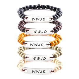 JAZTAKU 5Pcs WWJD Bracelet for Men Women Stretch Elastic Wooden Bracelet Set Inspirational WWJD Bracelet