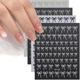 MOLILON 4 Sheets 3D Bow Nail Stickers, 3D Self-Adhesive Bows Nail Art Decals, Gold Silver Black White Bow-Knot Nails Stickers Designs for Women Girls DIY French Manicure Decoration