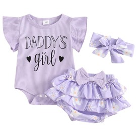 ZZLBUF Newborn Baby Girls Clothes Summer Daddys Girl Outfit Ruffle Romper Floral Shorts Headband 3Pcs Father's Day Outfits (01- Purple, 0-3 Months)