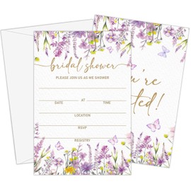 GOLRMC Spring Bridal Shower Invitations, Purple Wildflower Floral Bridal Shower Invites, Set of 25 Butterflies Wedding Invitations with Envelopes 4x6-A02