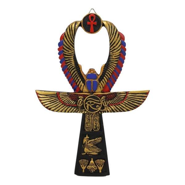 Ebros Crux Ansata エジプトゴールデンアンク 羽付き スカラベ マットとホルスの目 壁装飾 3Dプラーク 置物 高さ8インチ ヒエログリフ 生命の健康とバランス装飾アクセント