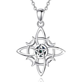 LEEQBCR 1 Piece Stainless Steel Witch Quartet Celtic Knot Necklace with Star and Moon Crescent Moon Women's Geometric Pendant Vintage Jewellery Celtic Knot Women's Necklace Silver Jewellery, Stainless