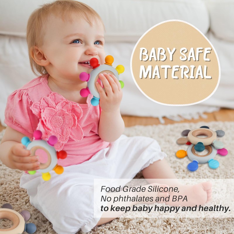 Baby Teething Toys, Silicone Chewable Teethers with Wooden Ring for