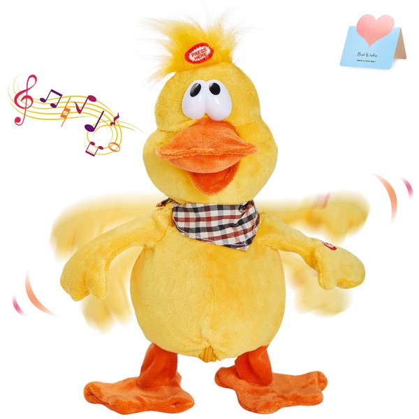 Houwsbaby Quacking Duck Musical Duckling Stuffed Animal with a bib Walking Singing Waving Ducky Electronic Interactive Animate Plush Toy Gifts for Kids Boys Girls Easter Birthday Holiday 12''
