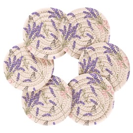Msyxl Beautiful Purple Lavender Drink Coasters Set - 6 Pcs Minimalist Woven Coasters with Holder for Home Decor, 3.94 Inch Absorbent Coasters for Drinks
