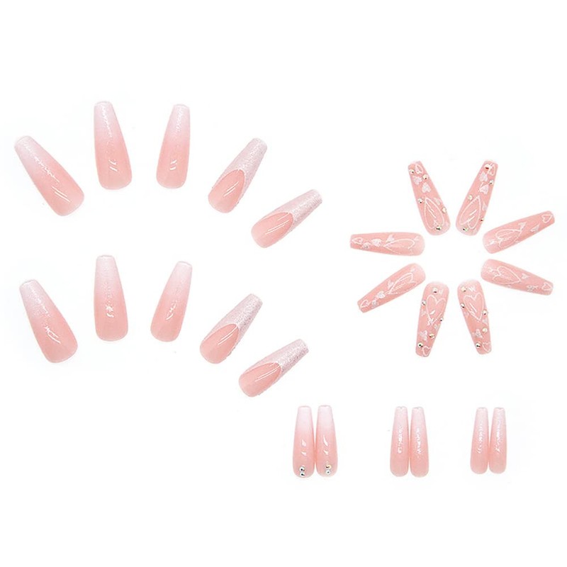 Carufin 24 Pieces Beautiful Rabbit Coffin False Nail Pink Gradual