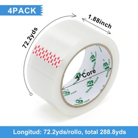 BOMEI PACK Cinta de Embalar Transparente, 4 Rollos con Dispensador, Cinta de Embalar Silenciosa, 2.4Mil, 1.88 Pulgadas x 72 Yardas por Rollo, Cinta Ultra Fuerte para Envíos de Cajas de Mudanza