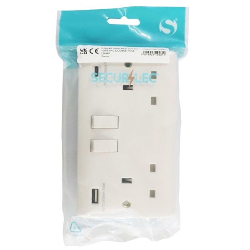 Securlec double USB wall socket in white - switched double