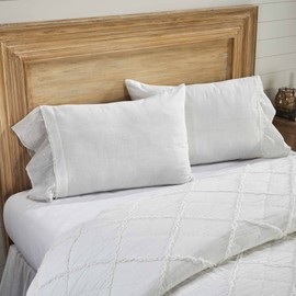 Kathryn Ruffled King Size Pillow Case Set of 2, Soft White Linen-Look Textured Fabric, Vintage Farmhouse, Country Cottage Bedding Pillowcase