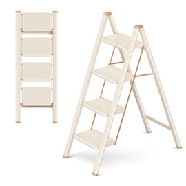 GameGem 4 Step Ladder Folding Step Stool with Wide Anti-Slip Pedal, 330LBS Capacity, Lightweight Portable Stepladder for Home and Kitchen Use, Cream Chocolate