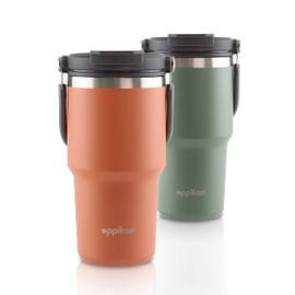 eppikan eppiDuo Edelstahl Thermobecher mit klappbarem Tragegriff und zwei Trinköffnungen für warme und kalte Getränke – Thermosflasche für unterwegs (Terracotta, 600 ml)