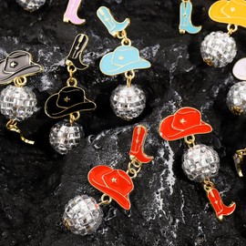 Azusa Sun 60s 70s Glitter Disco Ball Stud Earrings Vintage Western Black Cowgirl Cowboy Hat Boots Enamel Earrings Dance Party Outfits Accessories