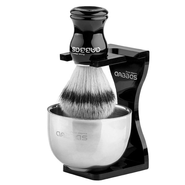 Anbbas 3IN1 Shaving Brush Set Synthetic Badger Hair with Stainless Steel Shaving Bowl,Black Acrylic Shaving Stand Holer for DE Razor Men Traditional Shave
