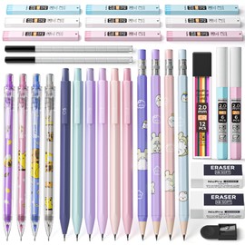 Nicpro 32PCS Cute Mechanical Pencil Set in Case, 14PCS Pastel Aesthetic Pencils 0.5 & 0.7 & 0.9 mm & 2mm Lead Holder, 12 Tubes Lead Refills(2B HB Colors), 3 Erasers For School Student Girls Writing