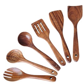 Wooden Spoons for Cooking 6 Piece, Natural Teak Kitchen Utensils Spatula, Smooth Finish Wooden Cooking Utensils Spoons, Filter Spoon, Salad Fork
