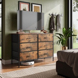 WLIVE Dresser for Bedroom with 6 Drawers, Wide Fabric Dresser TV Stand for 50 Inches TV, with Metal Frame, Wooden Top, Fabric Storage Dressers for Bedroom, Hallway, Entryway, Rustic Brown