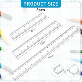 DHWEKU 3-Piece Ruler Set, Ruler 20 cm, 30 cm Ruler, 15 cm Flexible Ruler, Ruler 30 cm, Plastic Ruler, Transparent Precision Ruler Measuring Tool for School, Office, Home