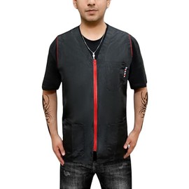 BARBSALO Professional Barber Jacket for Men Women Black Barber Shirt Lightweight Hairdresser Barber Smock Barber Vest (RED BLACK, LARGE)