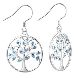 YL Tree Earrings 925 Sterling Silver Tree of Life Dangle Drop Earrings Round Created Aquamarine Leverback Jewelry