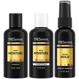 TRESemmé Travel Shampoo, Conditioner & Hairspray – Rich Moisture Hair Products + Non-Aerosol Hair Spray, 24H Frizz Control (3 Piece Set)