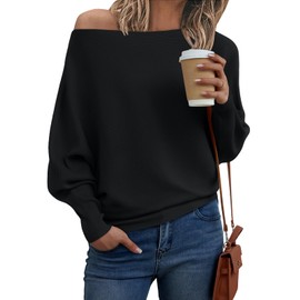 LILLUSORY Women Off The Shoulder Sweater 2025 Fall Fashion Outfit Long Batwing Sleeve Oversized Lightweight Cozy Knit Pullover Cute Teen Going Out Tops Casual Cashmere Trendy Ladies Clothes Black M