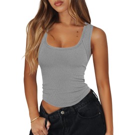 Pungdra Womens Sleeveless Scoop Neck Ribbed Tank Tops for Women Fitted Summer Workout Cute Gray Small Basic Cotton Tanks